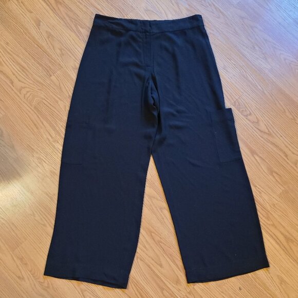 EILEEN FISHER 100% SILK GEORGETTE CREPE WIDE-STRAIGHT LEG CARGO PANTS sz M - Picture 2 of 6
